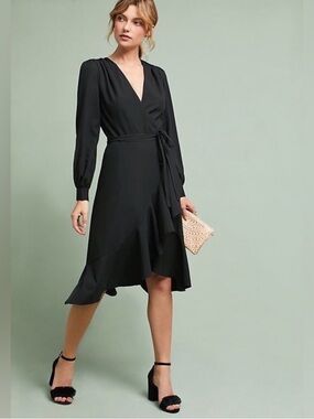 Black Wrap Midi Dress with Tie Waist